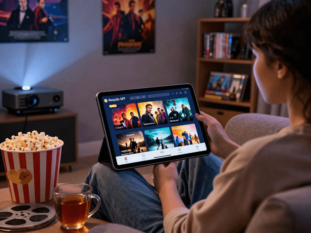 Engaging scene with a user exploring the filmyzilla APK for streaming movies at home, surrounded by cozy movie night elements.