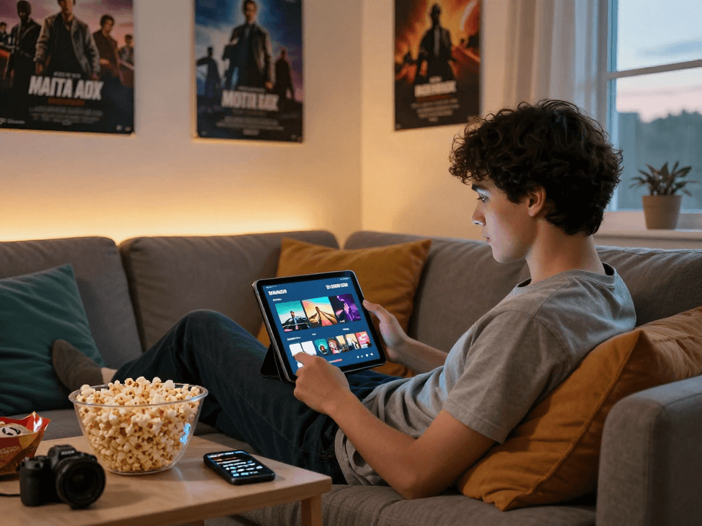 Enjoying the Moviebox app in a cozy living room with snacks and warm lighting.