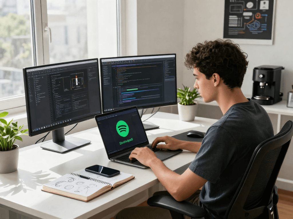 Youthful developer focusing on the Spotify mod apk in a sleek office setup.