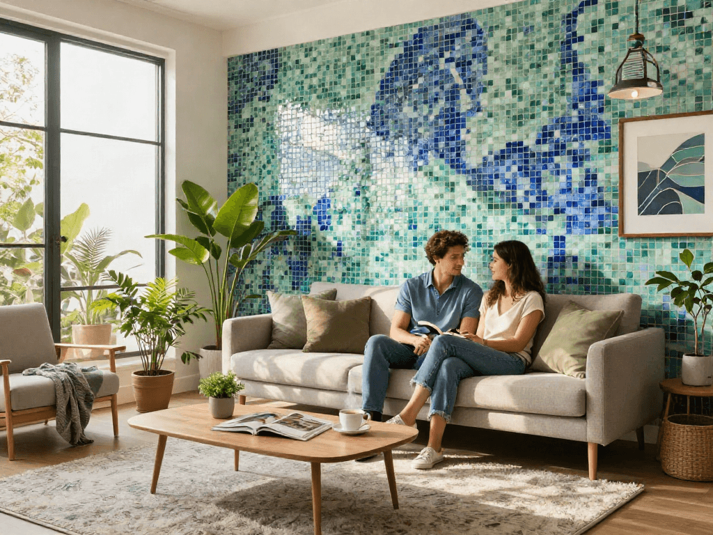 Mosaic tiles Sydney creating a vibrant living room ambiance with a couple admiring their stylish decor.