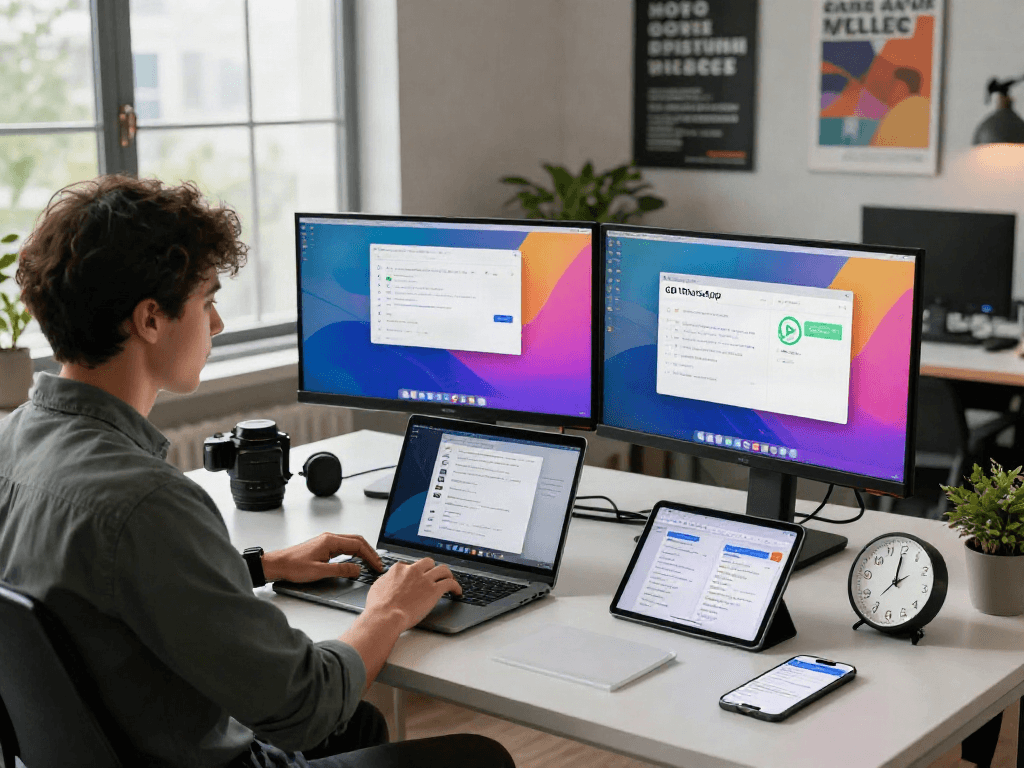 GB WhatsApp customization in a modern tech workspace, showcasing productivity and innovation.