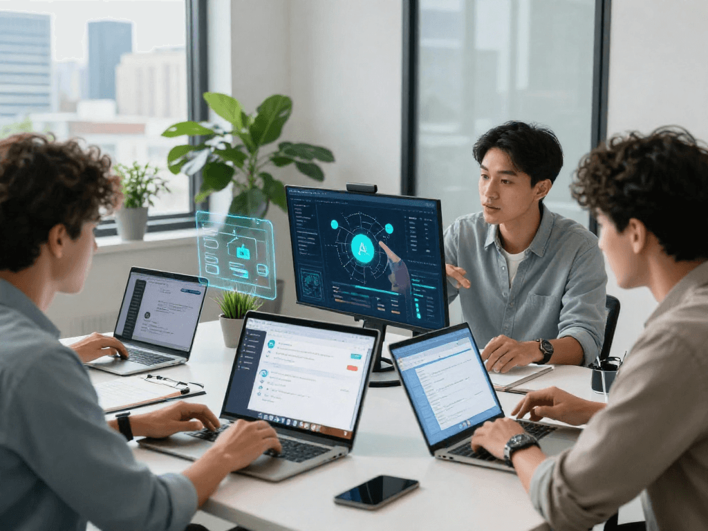 Engagement in AI chat nsfw technology discussion among professionals in a modern workspace.