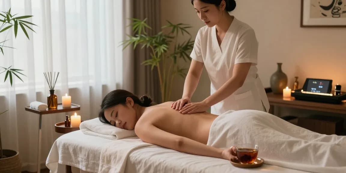 Experience 서대문출장마사지 in a serene spa room featuring a therapist and calming ambiance.
