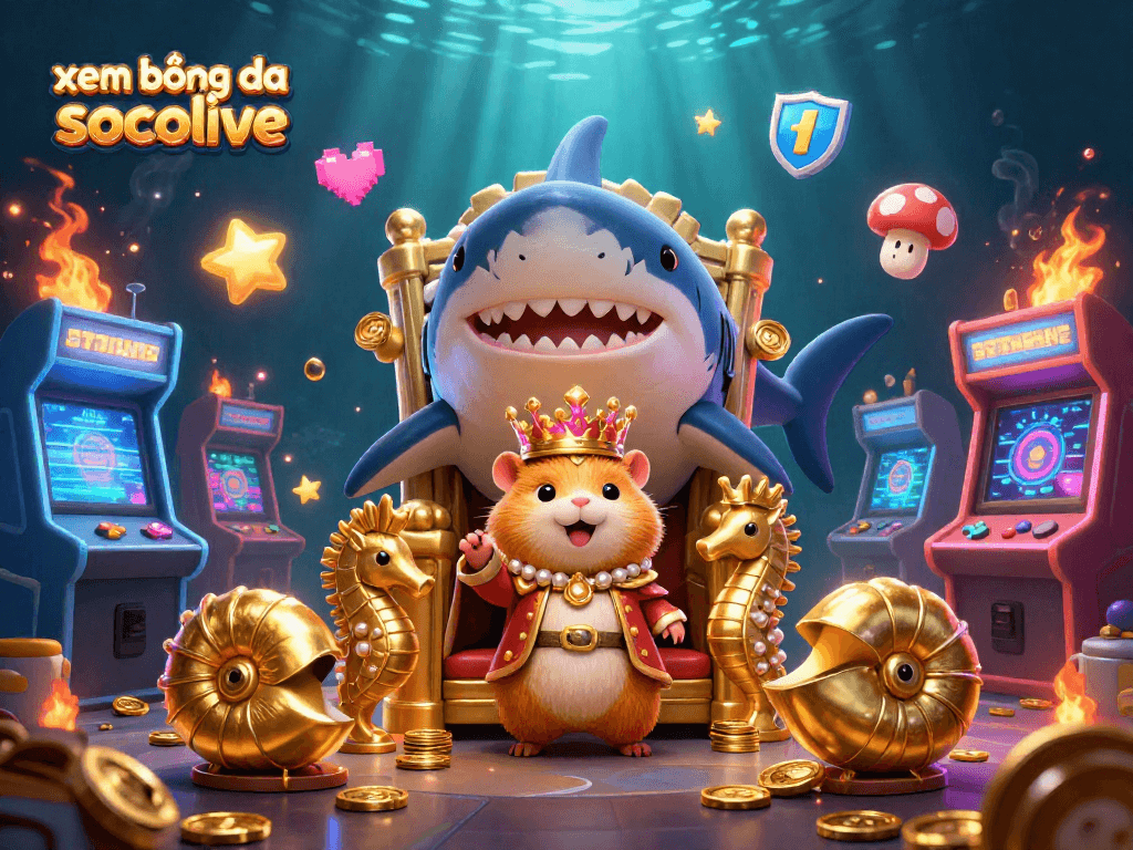 Xem bóng đá socolive with a golden hamster king and vibrant arcade game elements creating a festive atmosphere.