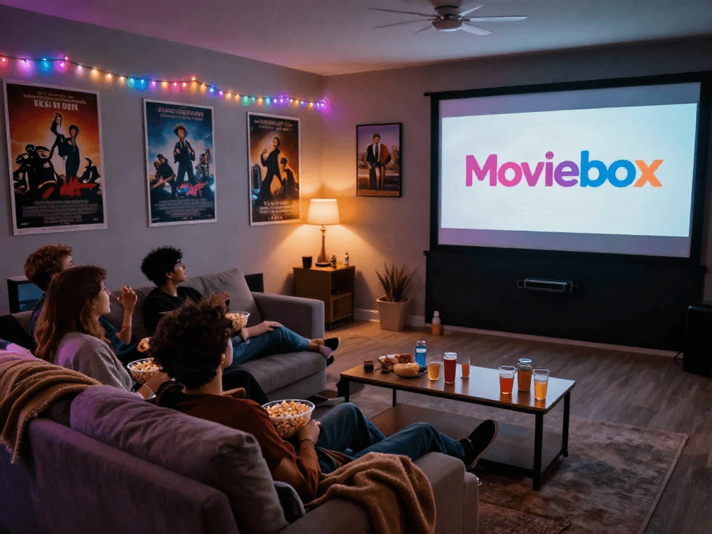 Friends enjoying movie night with Moviebox on the big screen, cozy atmosphere, popcorn and drinks.