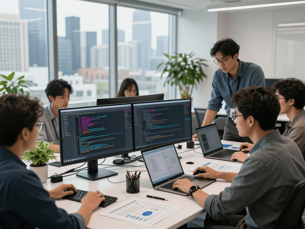 Developers discussing Tornado Cash functionalities in a modern office setting, coding on dual screens.