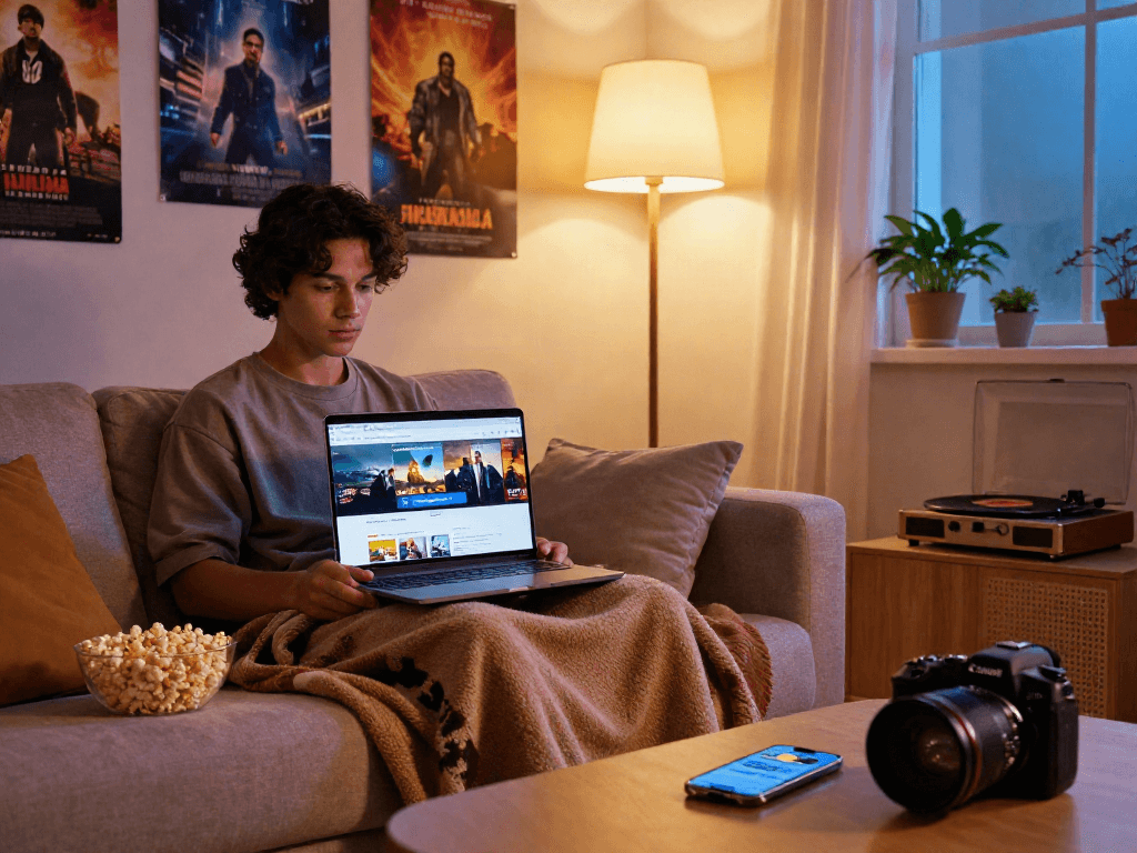 Engaging scene of a cozy home setup for filmyzilla download with a laptop and snacks.