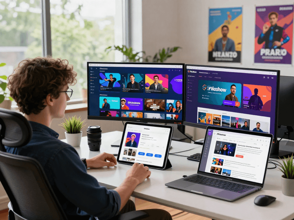 Pikashow streaming app displayed on monitors in a modern digital workspace, showcasing vibrant entertainment options and a creative work environment.