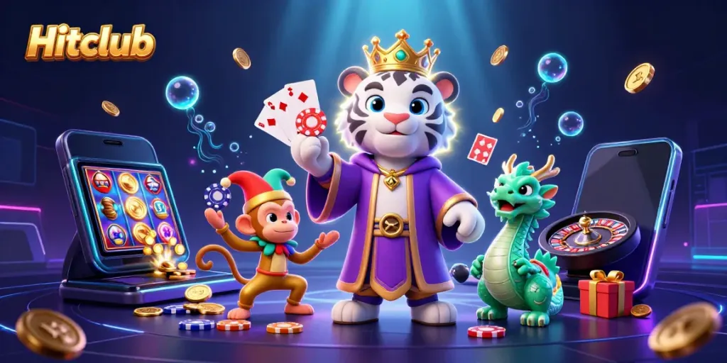 Experience the thrill of gaming with Hitclub's vibrant characters amidst dynamic casino elements.