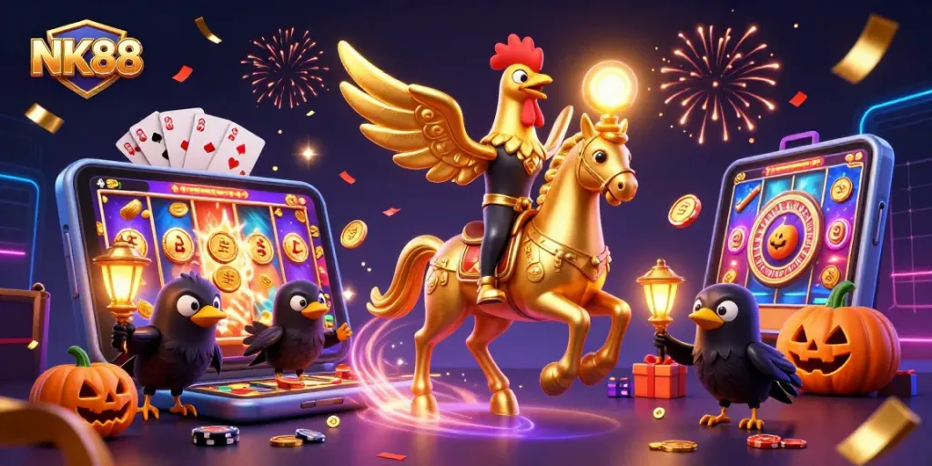 Spin the reels with NK88 as a golden rooster explores a vibrant casino scene