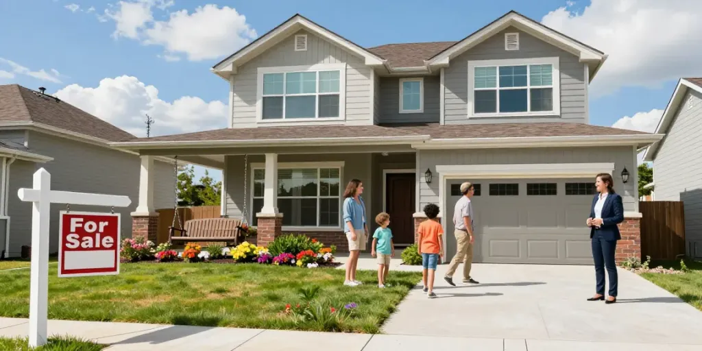 Family touring a beautiful property for sale, highlighting modern architecture and inviting atmosphere.