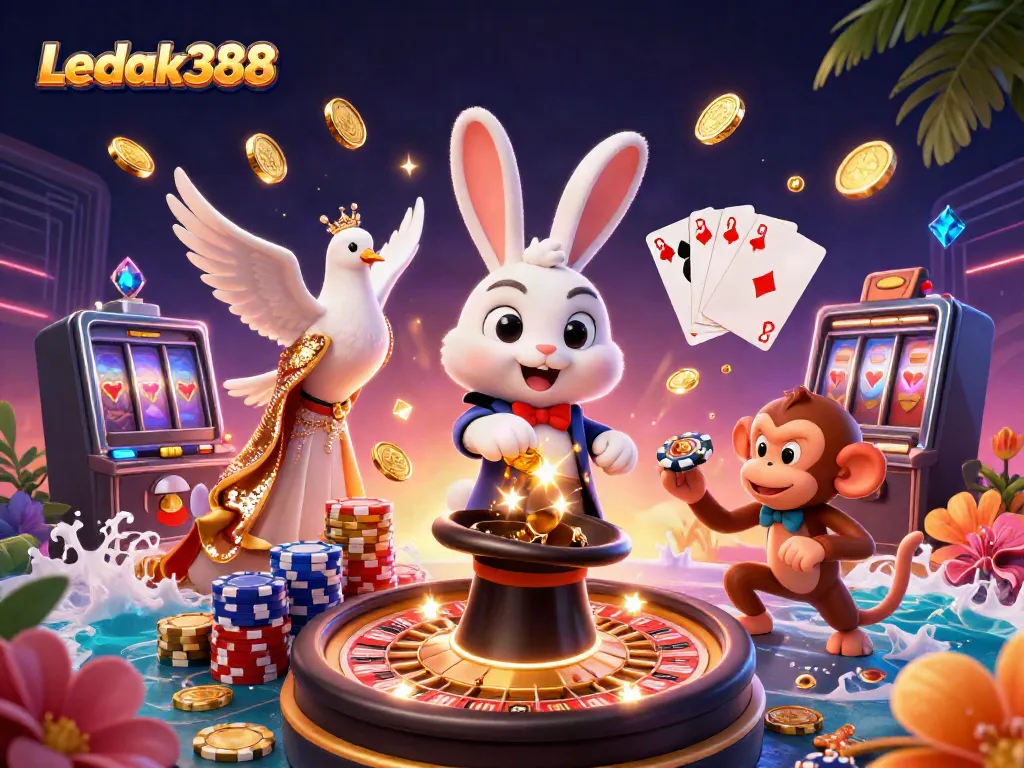 Spin to win with Ledak388's magical casino scene featuring enchanting characters and vibrant game elements.