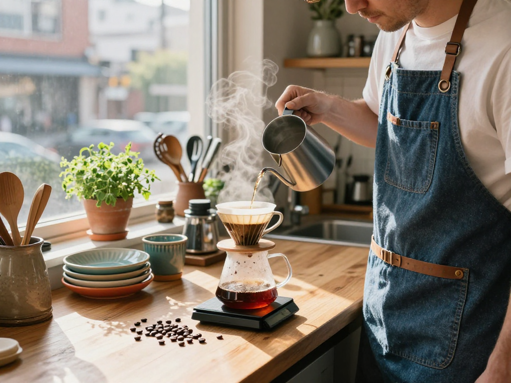 Experience brewing delicious coffee with Ebb filters in a cozy urban kitchen setting.