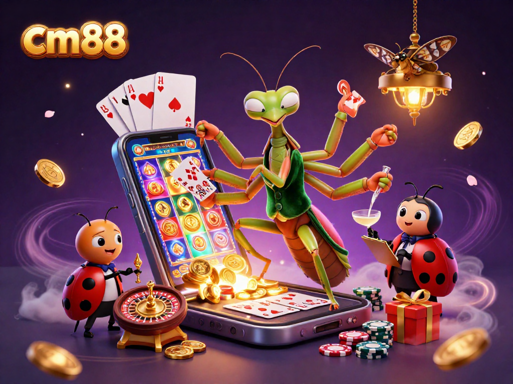 Win big at cm88 with a lively 3D casino scene featuring a giant praying mantis card sharp and vibrant slot game.