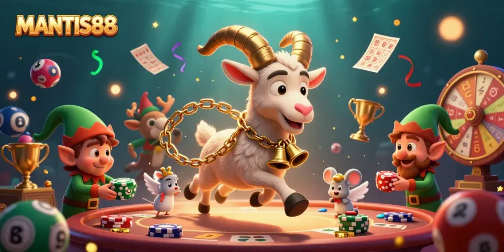 MANTIS88 captures thrilling lottery action with festive characters and vibrant game elements.
