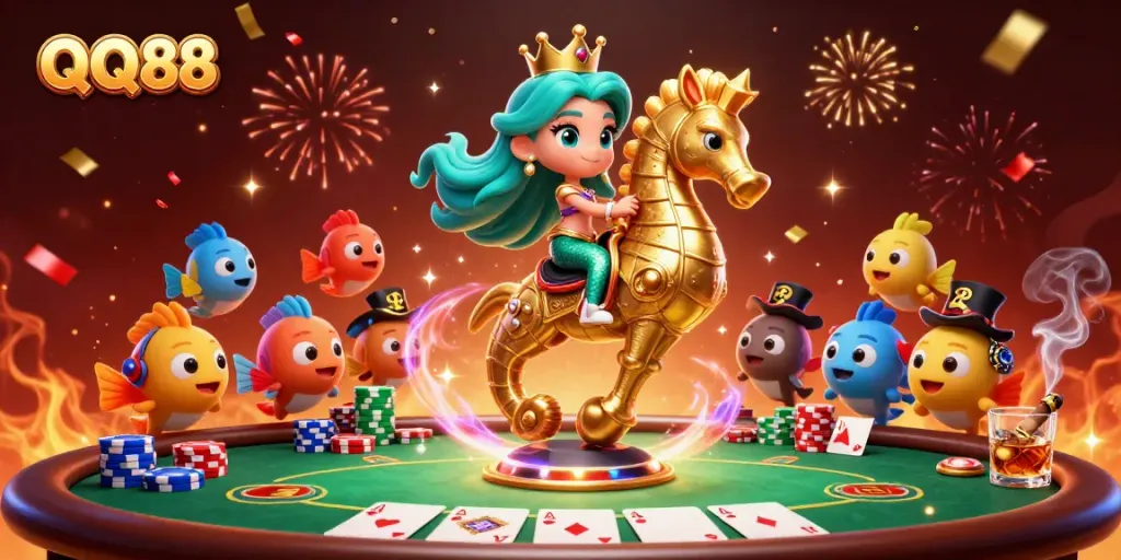 Engage in thrilling gameplay at QQ88 with 3D mermaid princess and casino elements.
