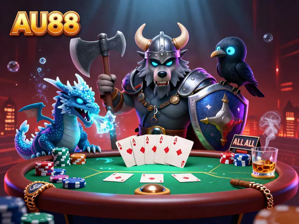 Experience the thrill of AU88 with a Viking warrior and dragon amidst a vibrant casino atmosphere.