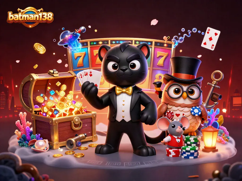 Unleash winning strategies with batman138 featuring a tuxedo-wearing panther and playful card game elements.