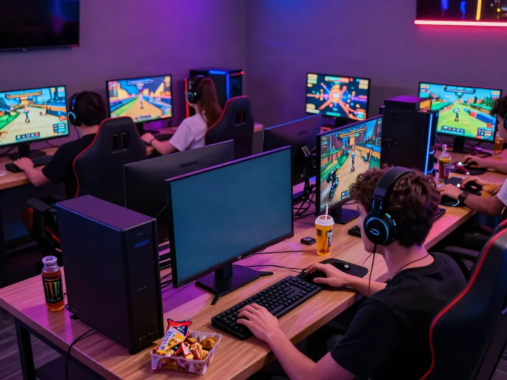 Players enjoying qqmacan games in a dynamic high-tech gaming lounge with RGB lighting.