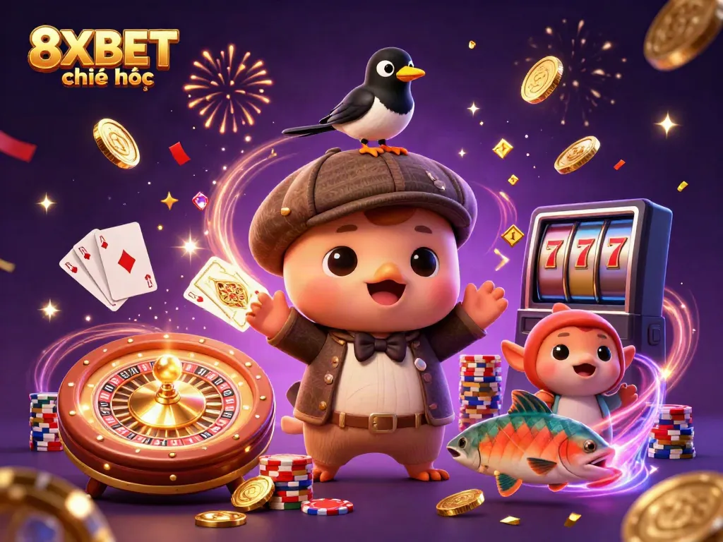 Experience the excitement of 8XBET chính thức as Nessie and friends celebrate with golden coins and casino games!