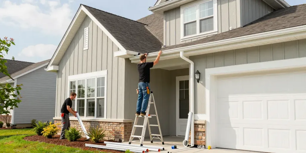 Spokane gutter installation team installing seamless gutters on a charming residential home with tools and landscaping.