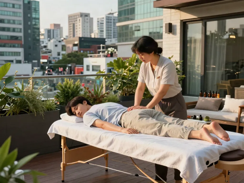 Enjoying 강남출장안마 outdoors, a young professional relaxes during a soothing massage on a serene terrace.