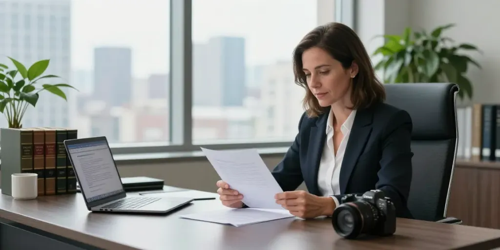 Karen McCleave attorney reviewing legal documents in a professional office setting.