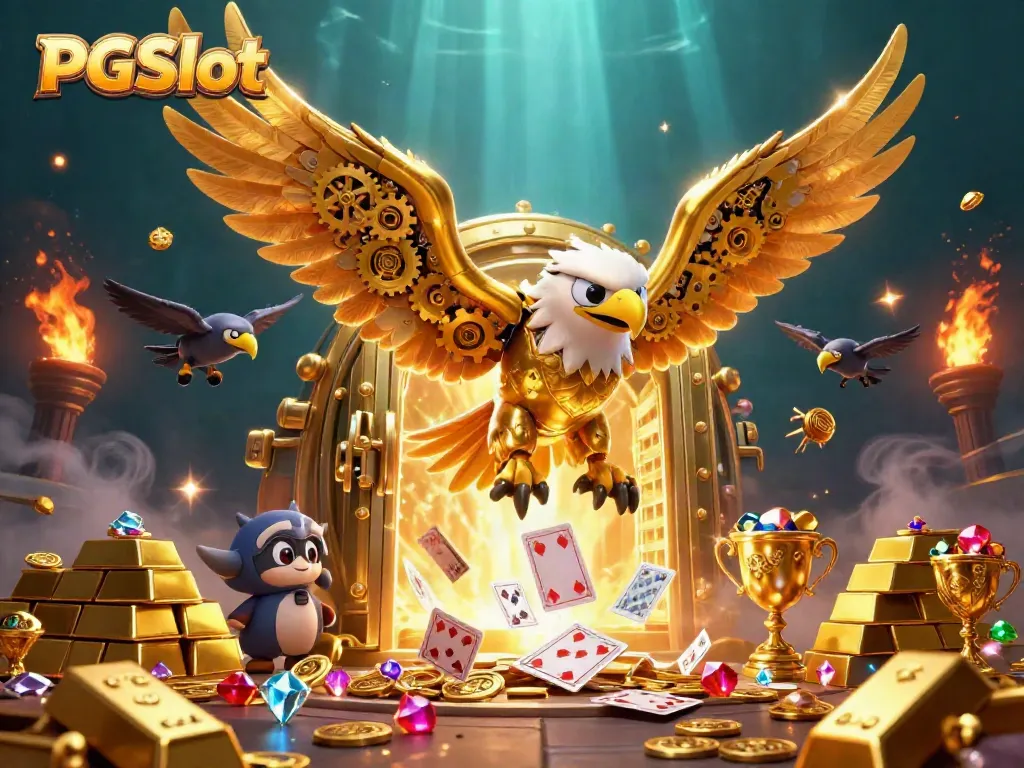 Experience PGSlot online gaming with a dynamic golden eagle and treasure, showcasing excitement and adventure.