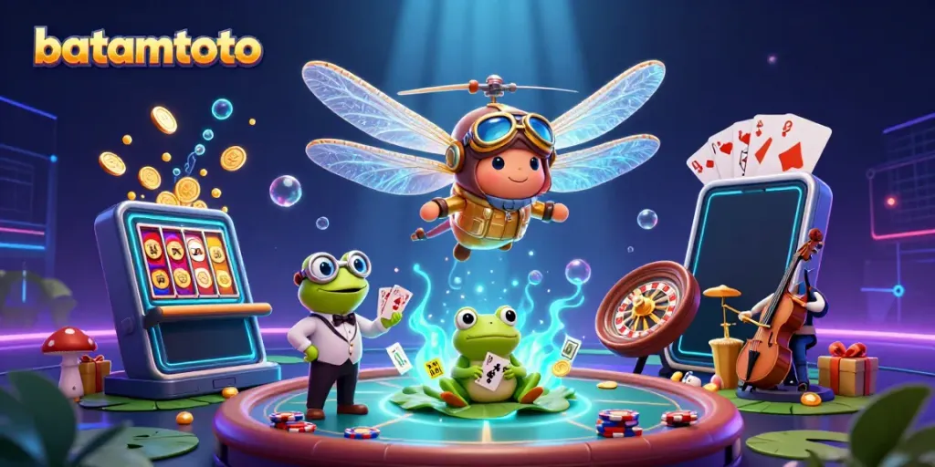 Experience exciting gameplay at batamtoto with a dynamic illustration of a dragonfly pilot and a frog croupier.