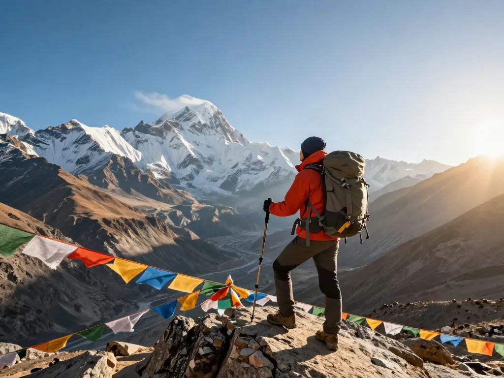 Manaslu Circuit Trek scene with a traveler at Larkya La Pass showcasing stunning Himalayan views.