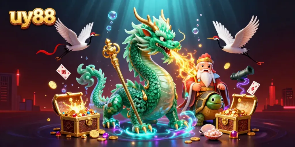 Experience thrilling adventures at uy88 with a majestic jade dragon and wise sage amidst vibrant gaming elements.