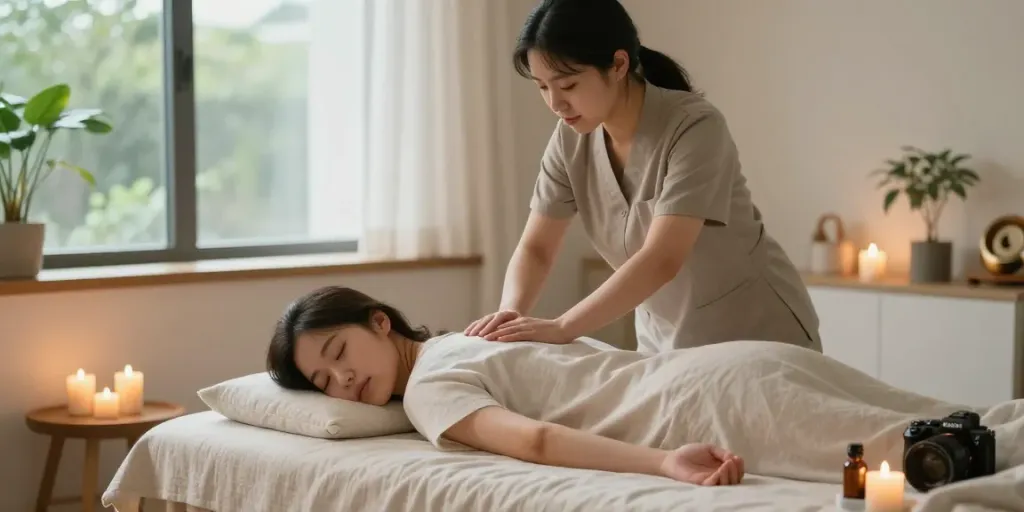 강서구출장마사지 session with a professional therapist soothing a client in a warm and calming environment.