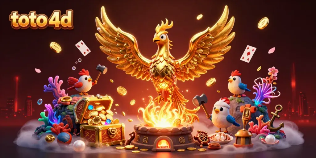 Experience thrilling wins with toto 4d as a golden phoenix emerges with treasures in a vibrant scene.