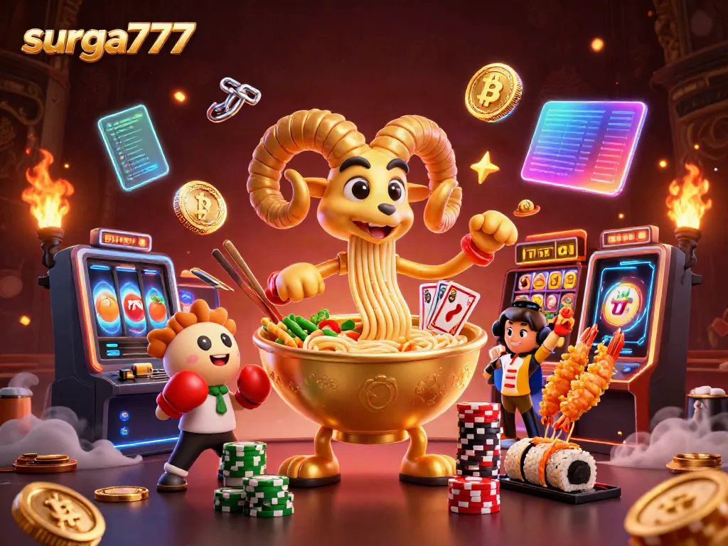 Experience thrilling casino action with surga777 as a giant ramen bowl and characters engage in slot games.