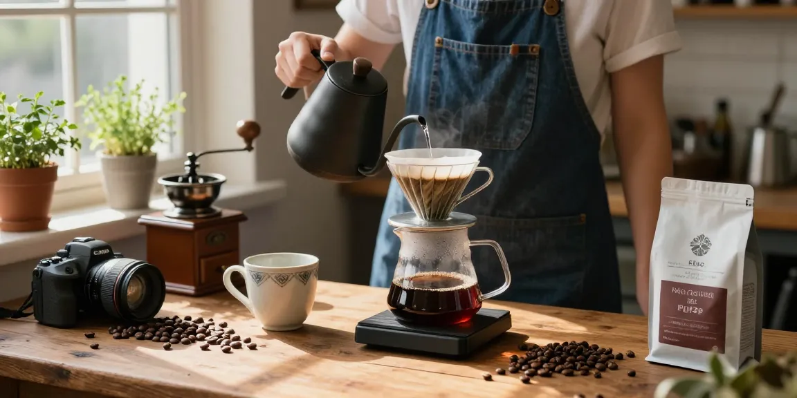 Delicious pour-over coffee brewing with Ebb filters and upcycled denim apron, featured on www.ebbfilter.com.