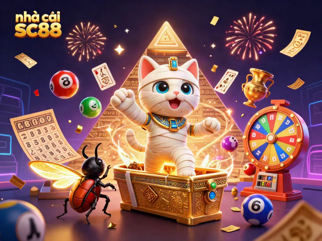 Engage with nhà cái sc88 through a whimsical casino scene featuring an Egyptian mummy cat and a scarab beetle.