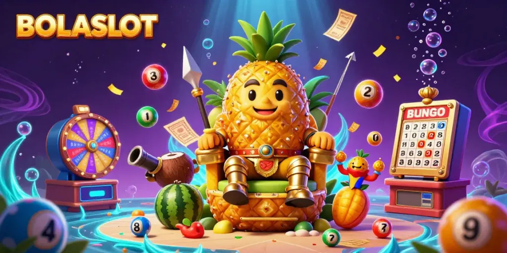 BOLASLOT offers vibrant gaming excitement with a golden pineapple king and lively casino elements.