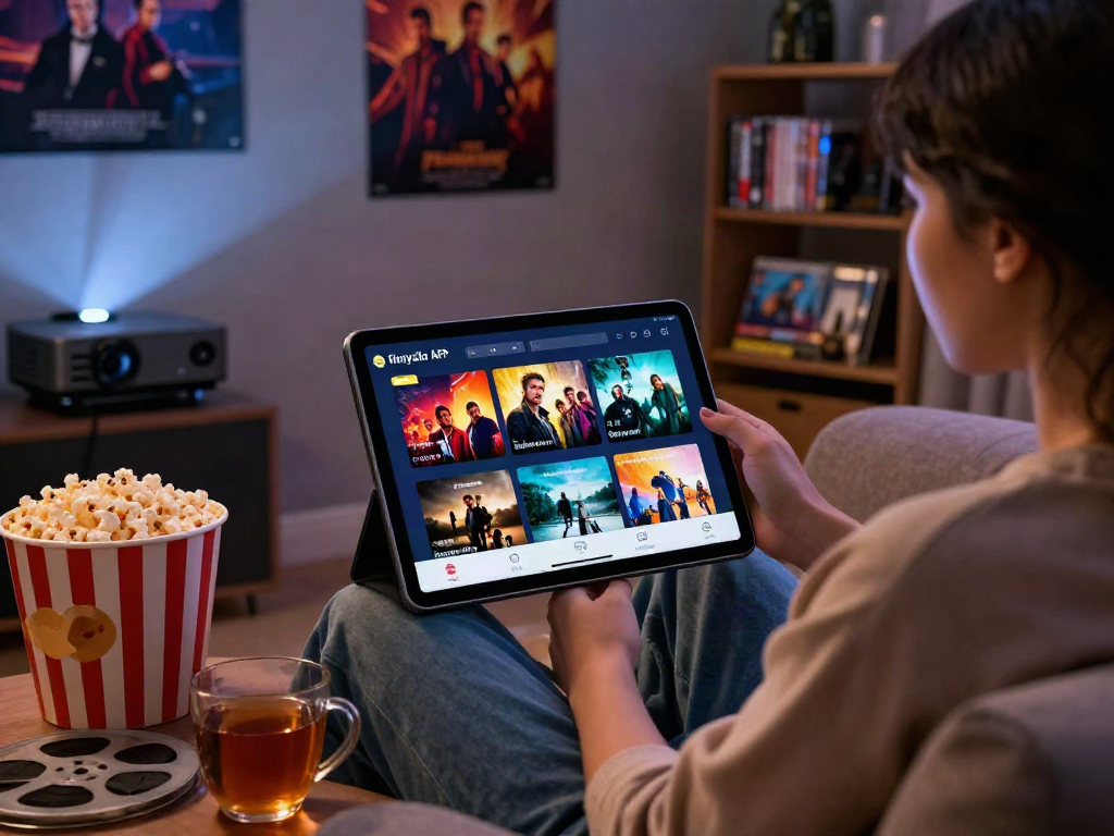 Engaging scene with a user exploring the filmyzilla APK for streaming movies at home, surrounded by cozy movie night elements.