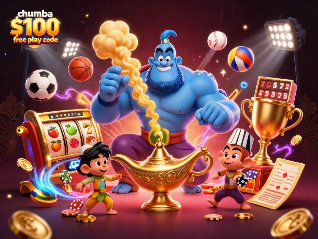 Get ready to win with the chumba casino $100 free play code illustrated in captivating 3D casino-themed artwork.