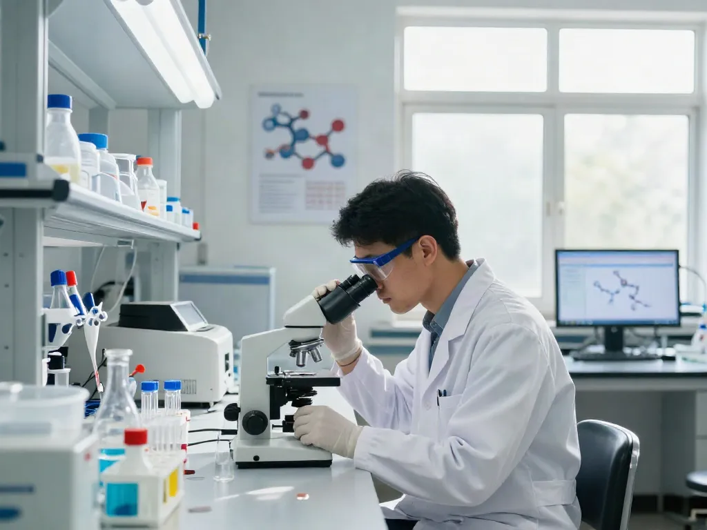 Scientist studying the PE 22-28 peptide in a modern laboratory setting.