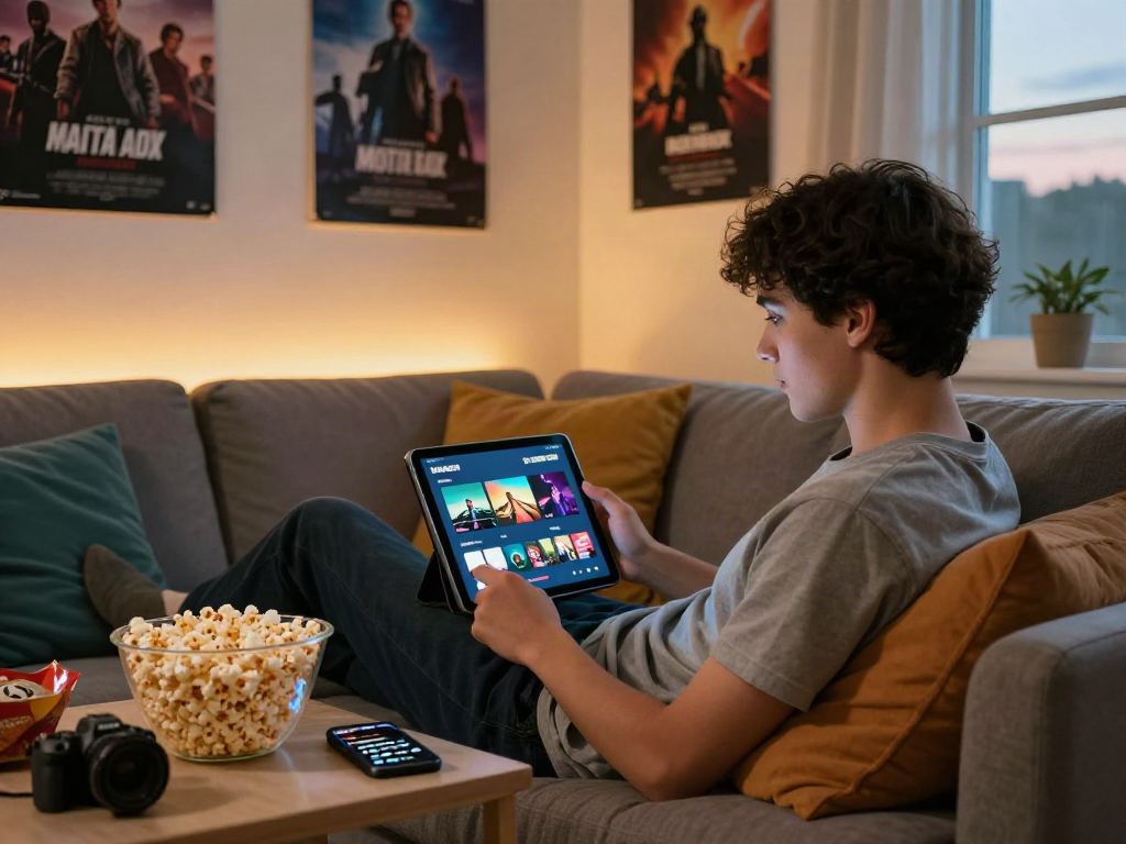 Enjoying the Moviebox app in a cozy living room with snacks and warm lighting.