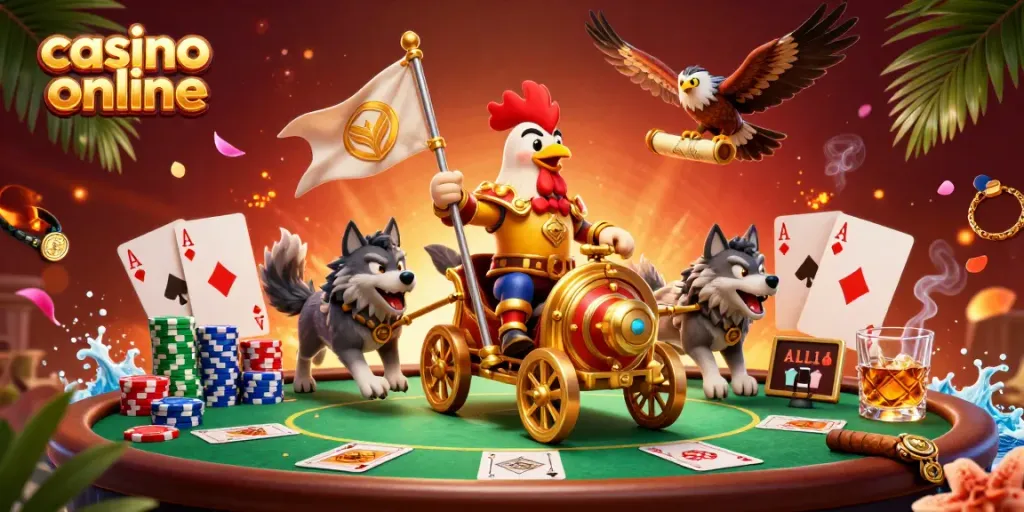Engage with vibrant graphics showcasing a rooster warlord at a casino online, surrounded by poker elements.
