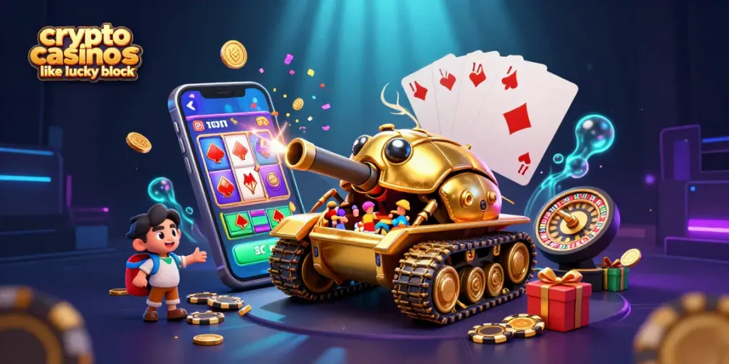 Experience crypto casinos like Lucky Block with a vibrant 3D casino illustration featuring gold coins and slot games.