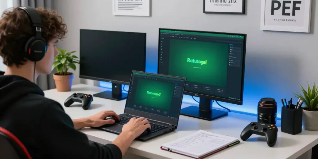 Pengguna berinteraksi dengan platform ratutogel di kantor rumah modern, ditambah dengan aksesori gaming.