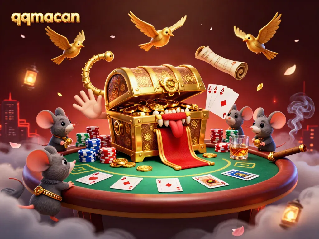 Experience thrilling adventures at qqmacan with a vibrant 3D casino scene, showcasing a treasure chest and poker elements.