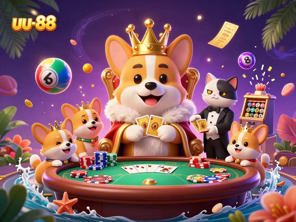 Experience excitement at uu-88 with chip stacks, royal flush cards, and lively gambling elements.