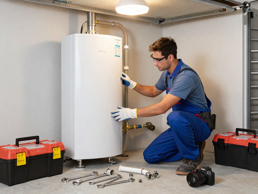 Water heater replacement Fort Worth by professional plumber in home garage setting with tools and modern heater