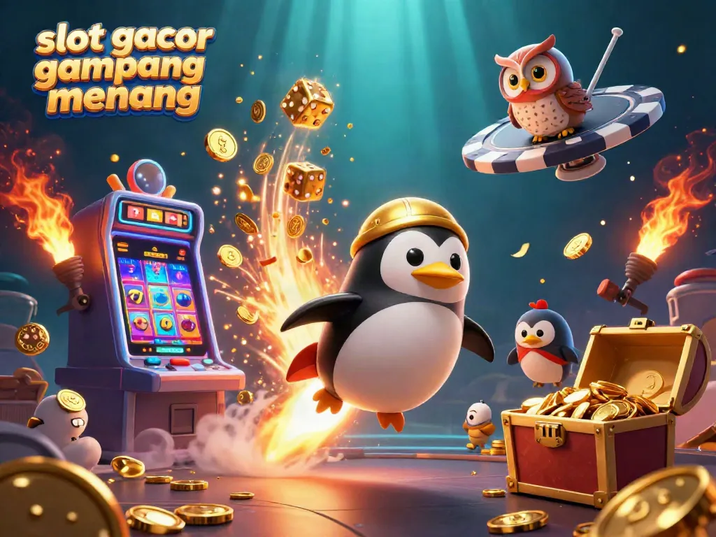 Experience excitement with slot gacor gampang menang, featuring a golden penguin and a jackpot-filled 3D casino scene.