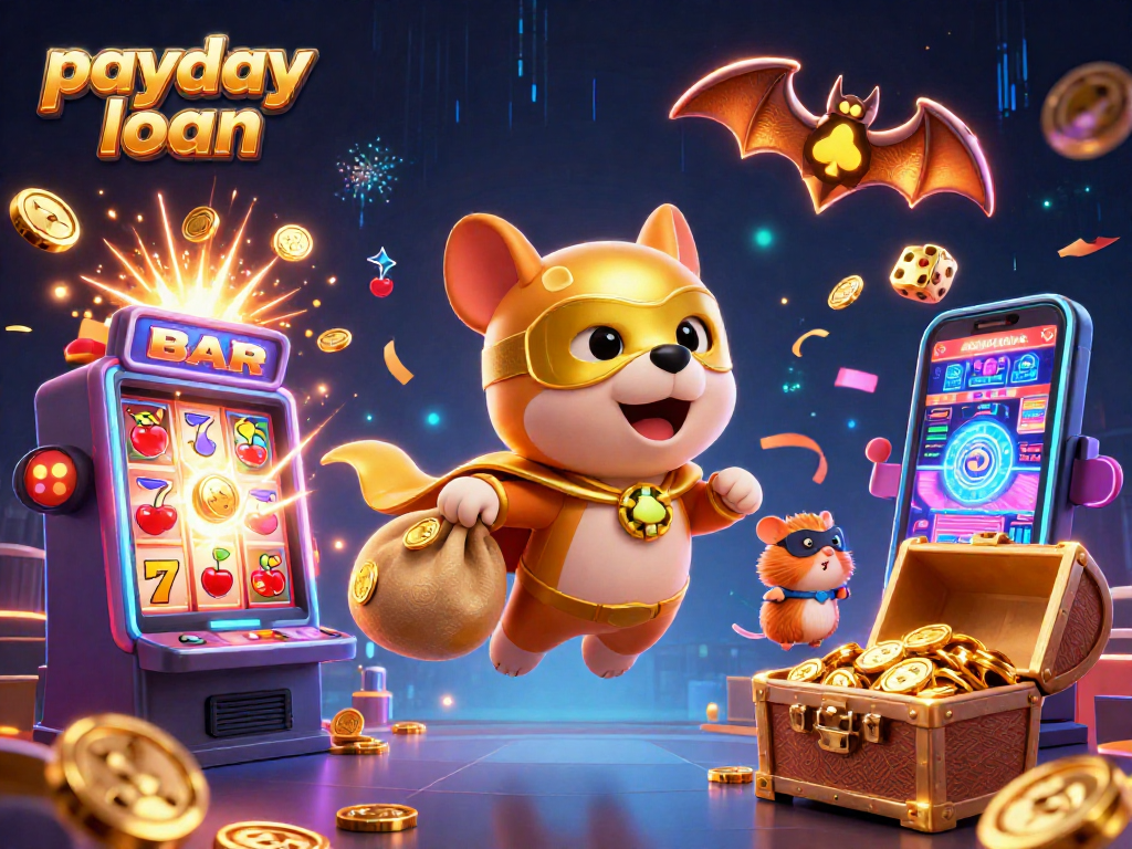 Experience the excitement of a payday loan with a superhero dog cartoon illustration surrounded by casino elements.