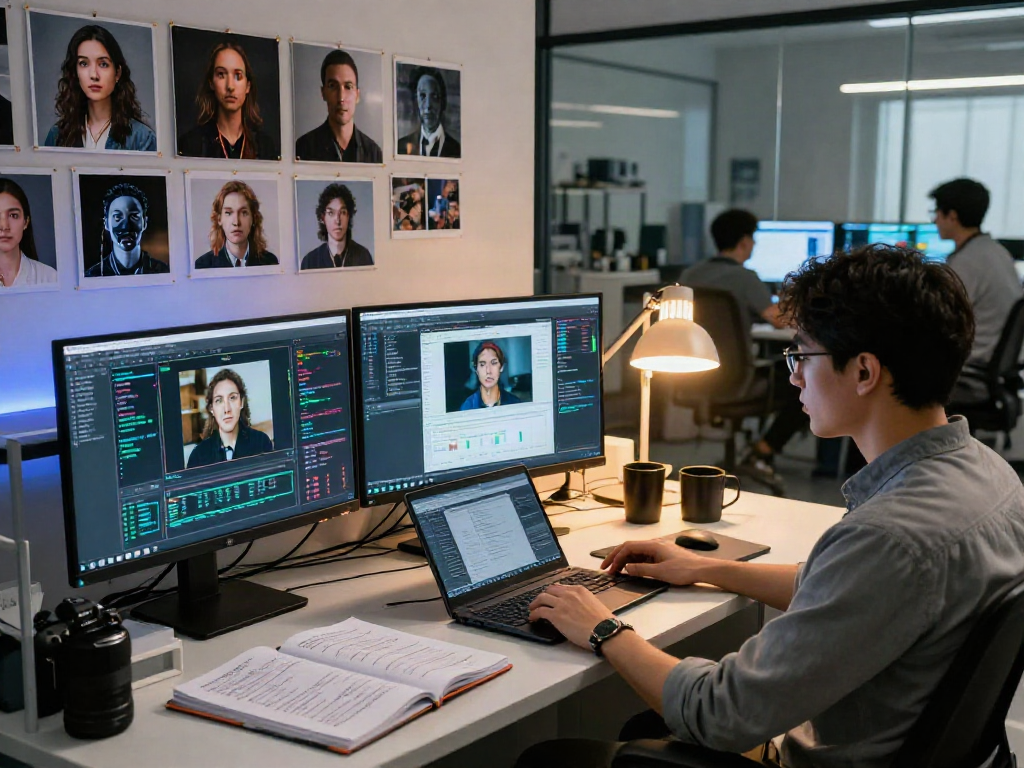 AI Image Detection analysis in a digital forensics lab with two monitors showcasing detection algorithms and sample images.